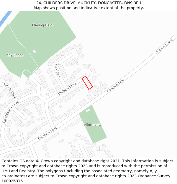 24, CHILDERS DRIVE, AUCKLEY, DONCASTER, DN9 3PH: Location map and indicative extent of plot
