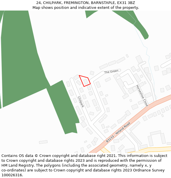 24, CHILPARK, FREMINGTON, BARNSTAPLE, EX31 3BZ: Location map and indicative extent of plot