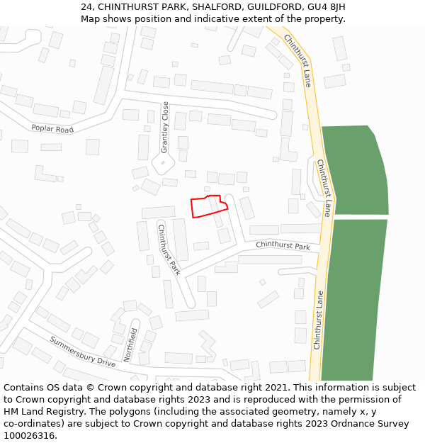 24, CHINTHURST PARK, SHALFORD, GUILDFORD, GU4 8JH: Location map and indicative extent of plot