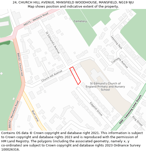24, CHURCH HILL AVENUE, MANSFIELD WOODHOUSE, MANSFIELD, NG19 9JU: Location map and indicative extent of plot