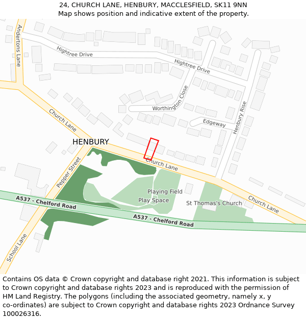 24, CHURCH LANE, HENBURY, MACCLESFIELD, SK11 9NN: Location map and indicative extent of plot