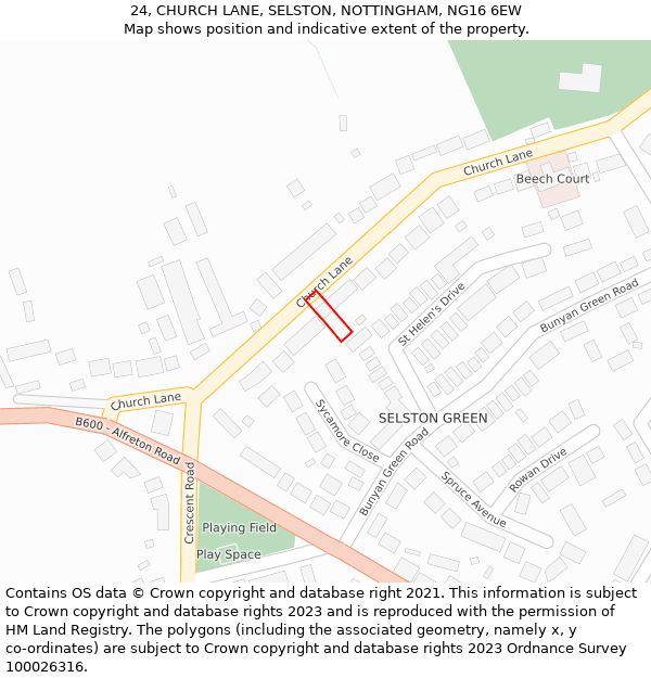 24, CHURCH LANE, SELSTON, NOTTINGHAM, NG16 6EW: Location map and indicative extent of plot