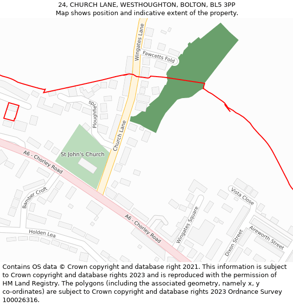 24, CHURCH LANE, WESTHOUGHTON, BOLTON, BL5 3PP: Location map and indicative extent of plot