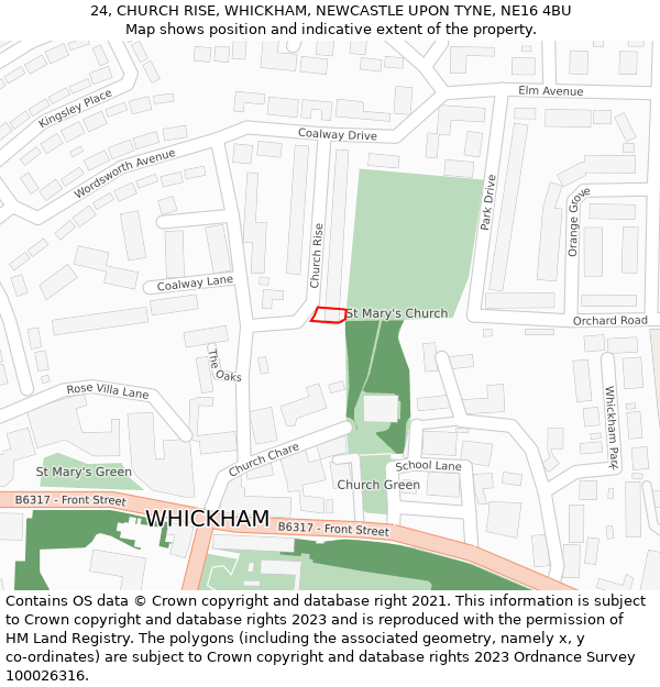 24, CHURCH RISE, WHICKHAM, NEWCASTLE UPON TYNE, NE16 4BU: Location map and indicative extent of plot