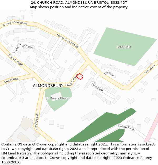 24, CHURCH ROAD, ALMONDSBURY, BRISTOL, BS32 4DT: Location map and indicative extent of plot
