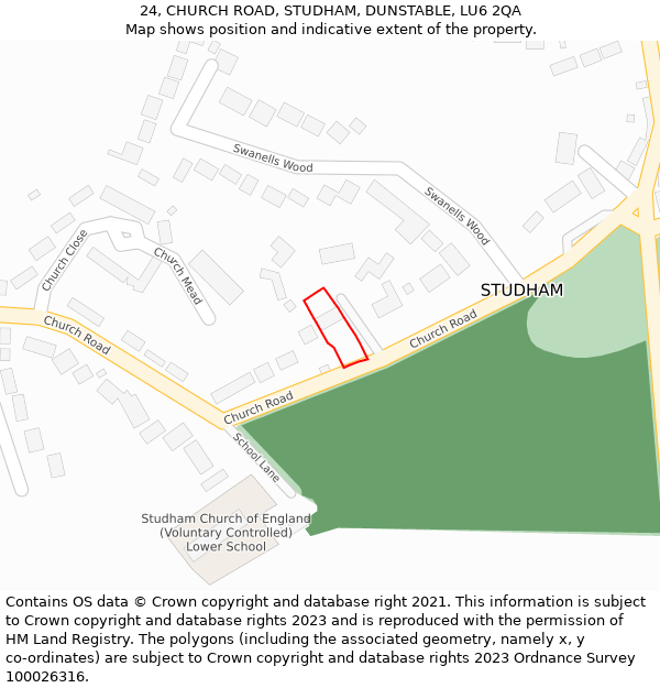 24, CHURCH ROAD, STUDHAM, DUNSTABLE, LU6 2QA: Location map and indicative extent of plot