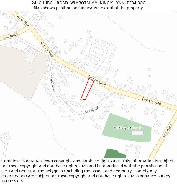 24, CHURCH ROAD, WIMBOTSHAM, KING'S LYNN, PE34 3QG: Location map and indicative extent of plot