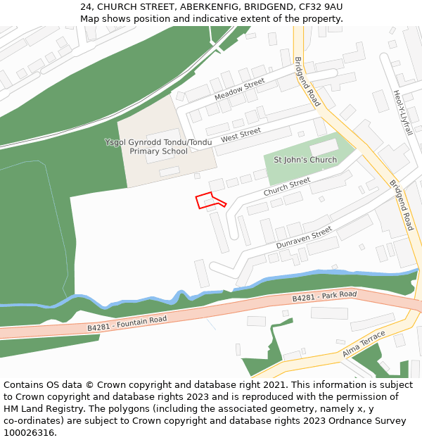 24, CHURCH STREET, ABERKENFIG, BRIDGEND, CF32 9AU: Location map and indicative extent of plot