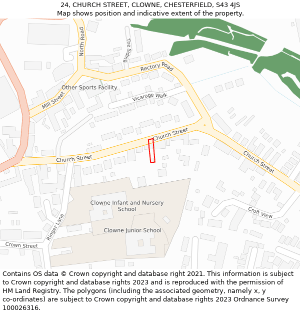 24, CHURCH STREET, CLOWNE, CHESTERFIELD, S43 4JS: Location map and indicative extent of plot