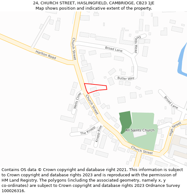 24, CHURCH STREET, HASLINGFIELD, CAMBRIDGE, CB23 1JE: Location map and indicative extent of plot