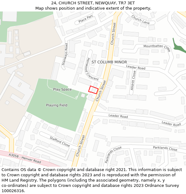 24, CHURCH STREET, NEWQUAY, TR7 3ET: Location map and indicative extent of plot