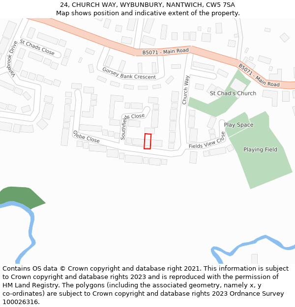 24, CHURCH WAY, WYBUNBURY, NANTWICH, CW5 7SA: Location map and indicative extent of plot