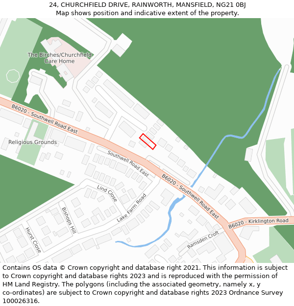 24, CHURCHFIELD DRIVE, RAINWORTH, MANSFIELD, NG21 0BJ: Location map and indicative extent of plot