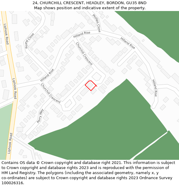 24, CHURCHILL CRESCENT, HEADLEY, BORDON, GU35 8ND: Location map and indicative extent of plot