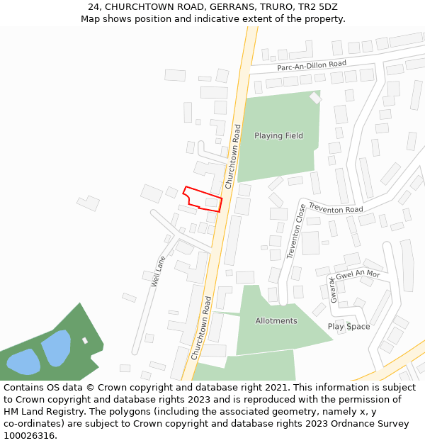 24, CHURCHTOWN ROAD, GERRANS, TRURO, TR2 5DZ: Location map and indicative extent of plot