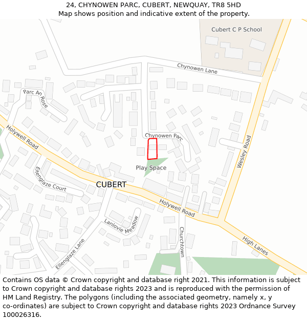 24, CHYNOWEN PARC, CUBERT, NEWQUAY, TR8 5HD: Location map and indicative extent of plot