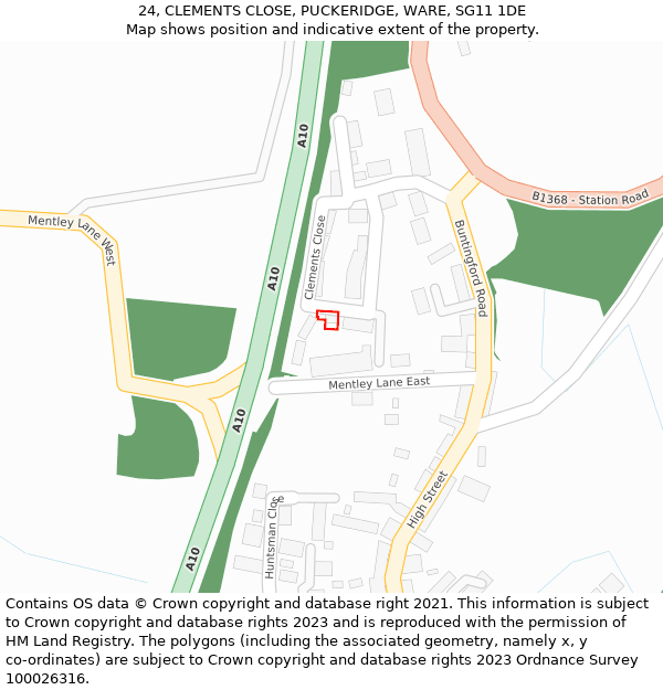 24, CLEMENTS CLOSE, PUCKERIDGE, WARE, SG11 1DE: Location map and indicative extent of plot