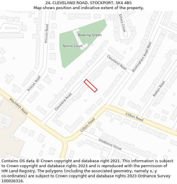 24, CLEVELAND ROAD, STOCKPORT, SK4 4BS: Location map and indicative extent of plot