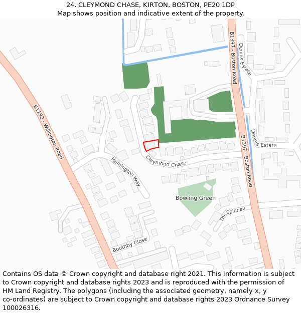 24, CLEYMOND CHASE, KIRTON, BOSTON, PE20 1DP: Location map and indicative extent of plot