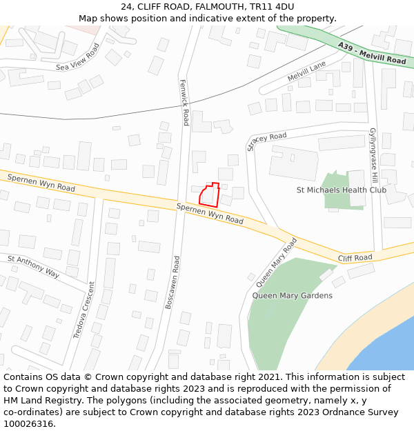 24, CLIFF ROAD, FALMOUTH, TR11 4DU: Location map and indicative extent of plot