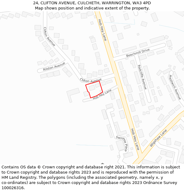 24, CLIFTON AVENUE, CULCHETH, WARRINGTON, WA3 4PD: Location map and indicative extent of plot
