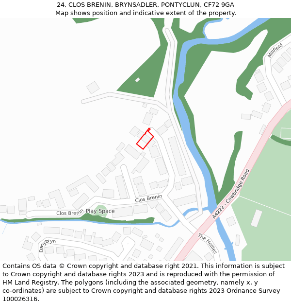 24, CLOS BRENIN, BRYNSADLER, PONTYCLUN, CF72 9GA: Location map and indicative extent of plot
