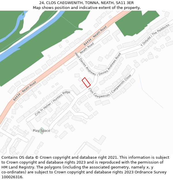 24, CLOS CAEGWENITH, TONNA, NEATH, SA11 3ER: Location map and indicative extent of plot
