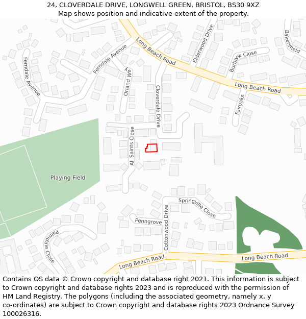 24, CLOVERDALE DRIVE, LONGWELL GREEN, BRISTOL, BS30 9XZ: Location map and indicative extent of plot