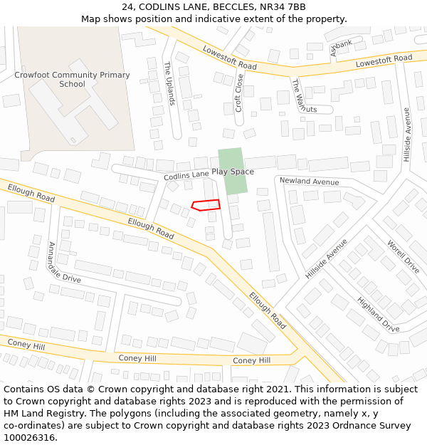 24, CODLINS LANE, BECCLES, NR34 7BB: Location map and indicative extent of plot