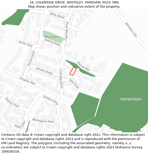 24, COLERIDGE DRIVE, WHITELEY, FAREHAM, PO15 7NN: Location map and indicative extent of plot