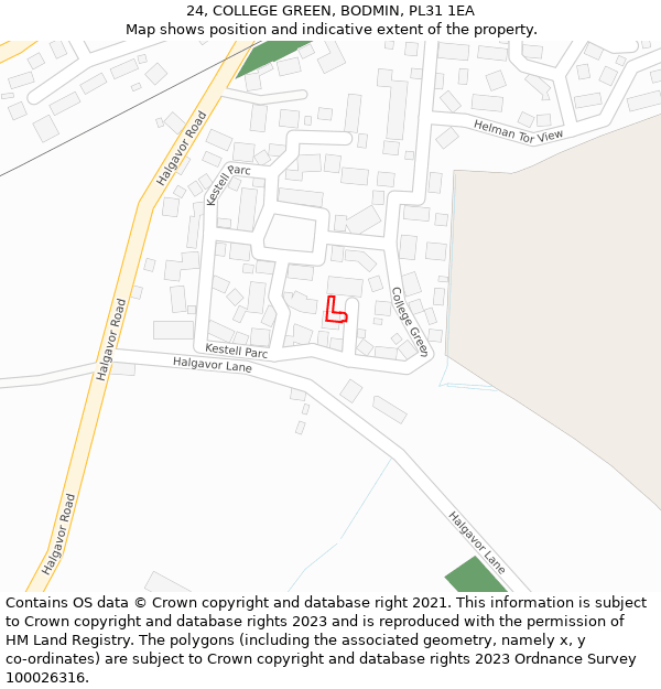 24, COLLEGE GREEN, BODMIN, PL31 1EA: Location map and indicative extent of plot