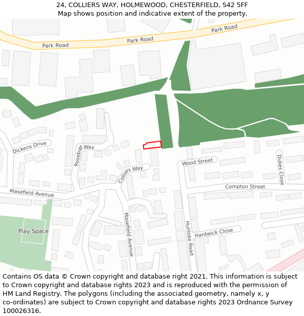 24, COLLIERS WAY, HOLMEWOOD, CHESTERFIELD, S42 5FF: Location map and indicative extent of plot