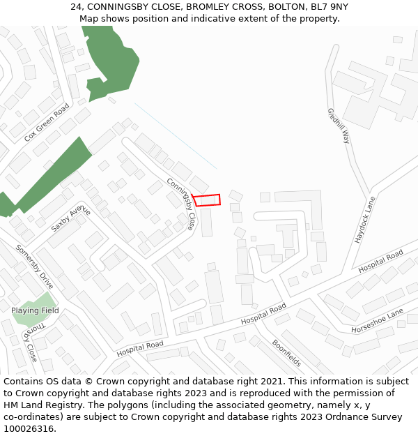 24, CONNINGSBY CLOSE, BROMLEY CROSS, BOLTON, BL7 9NY: Location map and indicative extent of plot