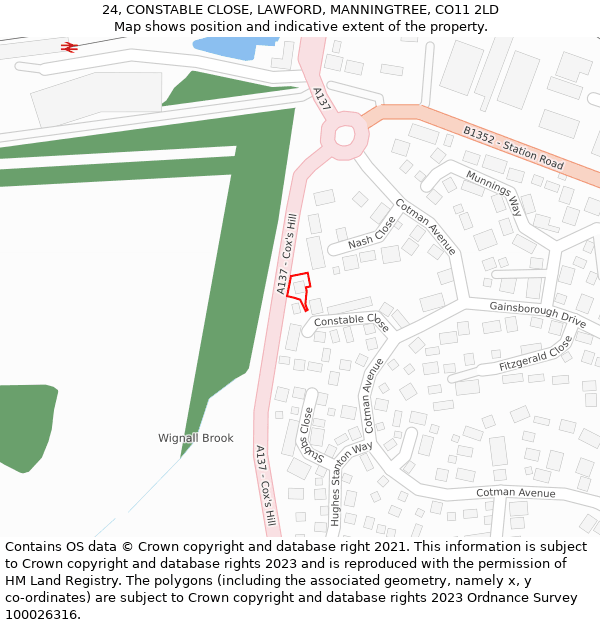 24, CONSTABLE CLOSE, LAWFORD, MANNINGTREE, CO11 2LD: Location map and indicative extent of plot