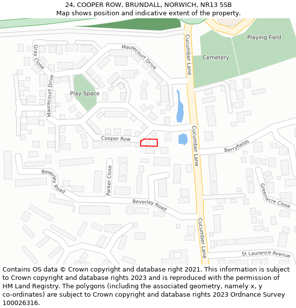 24, COOPER ROW, BRUNDALL, NORWICH, NR13 5SB: Location map and indicative extent of plot