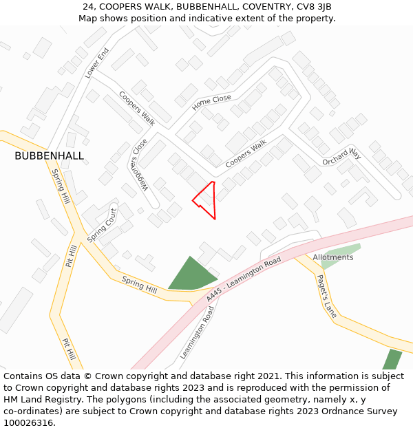 24, COOPERS WALK, BUBBENHALL, COVENTRY, CV8 3JB: Location map and indicative extent of plot