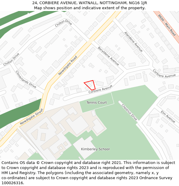24, CORBIERE AVENUE, WATNALL, NOTTINGHAM, NG16 1JR: Location map and indicative extent of plot