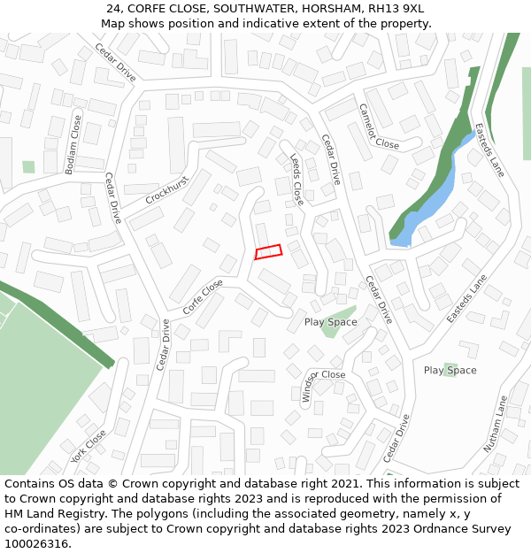 24, CORFE CLOSE, SOUTHWATER, HORSHAM, RH13 9XL: Location map and indicative extent of plot