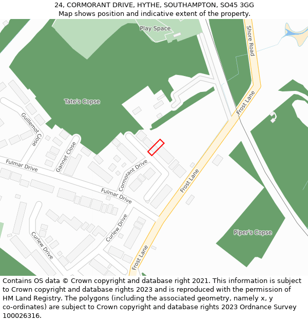 24, CORMORANT DRIVE, HYTHE, SOUTHAMPTON, SO45 3GG: Location map and indicative extent of plot