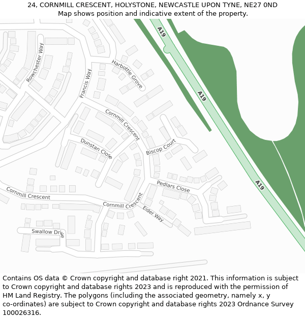 24, CORNMILL CRESCENT, HOLYSTONE, NEWCASTLE UPON TYNE, NE27 0ND: Location map and indicative extent of plot