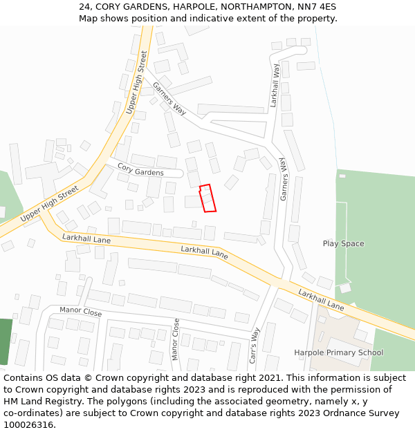 24, CORY GARDENS, HARPOLE, NORTHAMPTON, NN7 4ES: Location map and indicative extent of plot