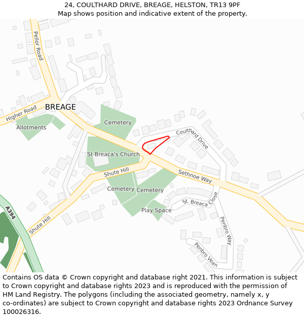 24, COULTHARD DRIVE, BREAGE, HELSTON, TR13 9PF: Location map and indicative extent of plot