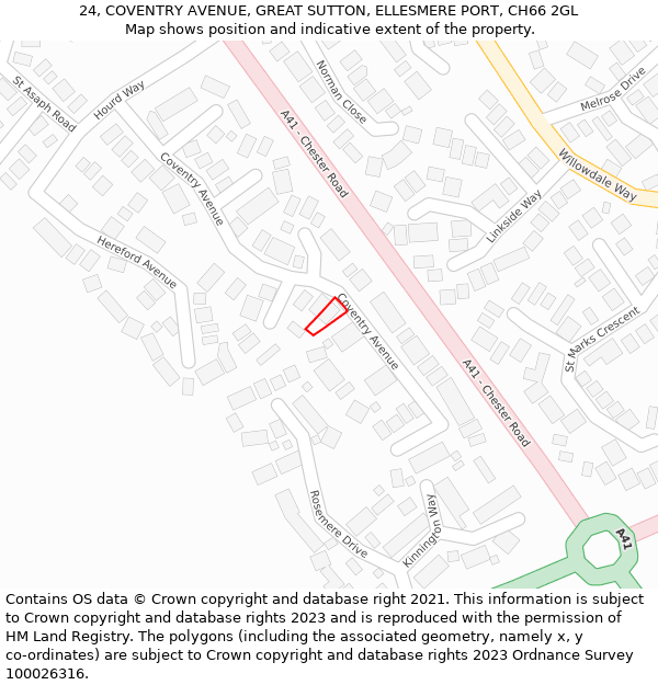 24, COVENTRY AVENUE, GREAT SUTTON, ELLESMERE PORT, CH66 2GL: Location map and indicative extent of plot