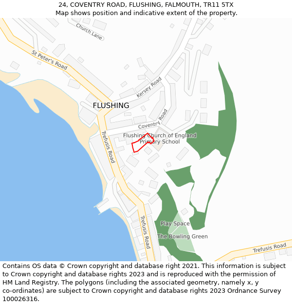 24, COVENTRY ROAD, FLUSHING, FALMOUTH, TR11 5TX: Location map and indicative extent of plot