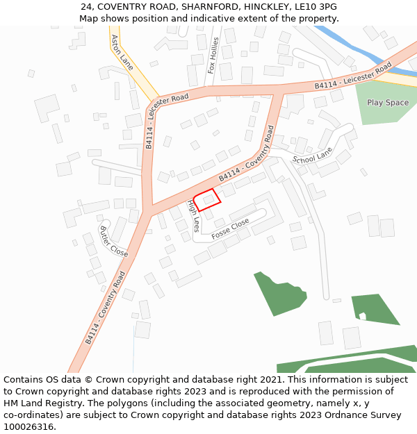 24, COVENTRY ROAD, SHARNFORD, HINCKLEY, LE10 3PG: Location map and indicative extent of plot