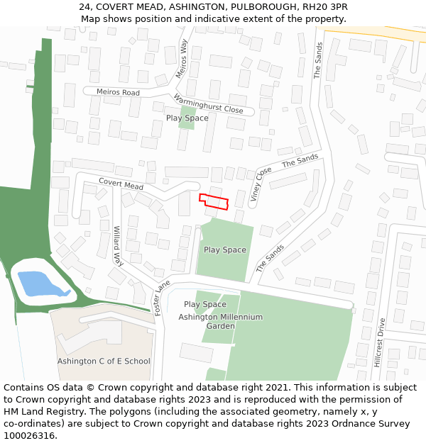 24, COVERT MEAD, ASHINGTON, PULBOROUGH, RH20 3PR: Location map and indicative extent of plot