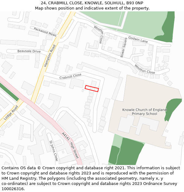 24, CRABMILL CLOSE, KNOWLE, SOLIHULL, B93 0NP: Location map and indicative extent of plot