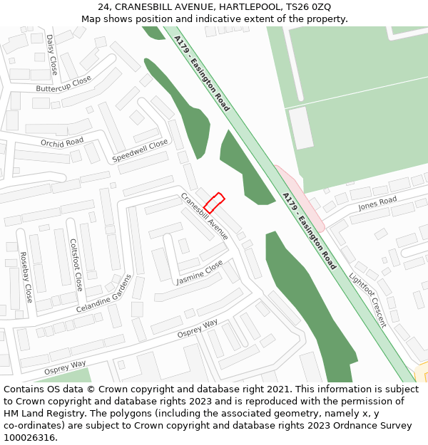 24, CRANESBILL AVENUE, HARTLEPOOL, TS26 0ZQ: Location map and indicative extent of plot