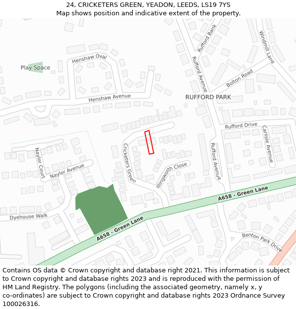 24, CRICKETERS GREEN, YEADON, LEEDS, LS19 7YS: Location map and indicative extent of plot