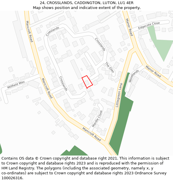 24, CROSSLANDS, CADDINGTON, LUTON, LU1 4ER: Location map and indicative extent of plot